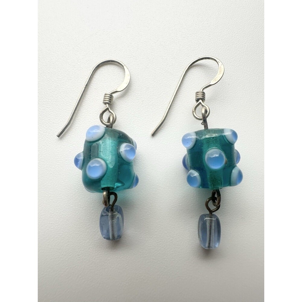 Sterling Silver Art Glass Bead Earrings Hand Made Polka Dots